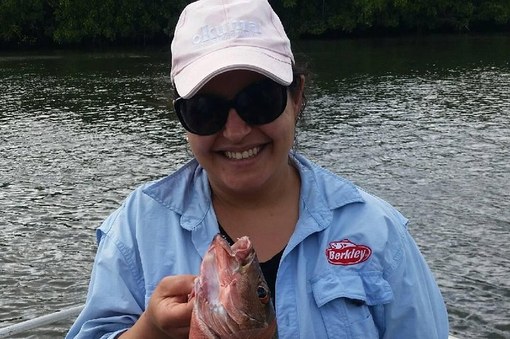 Rhonda and her Mangrove jack while estuary fishing in Trinity Inlet, Cairns