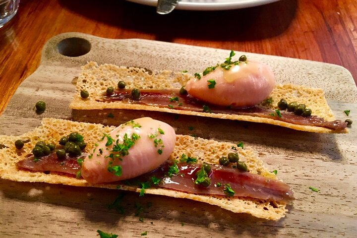 Hand filleted anchovy with smoked tomato sorbet 