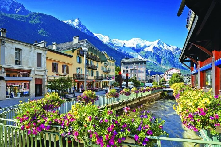 Chamonix village with the river Arve.