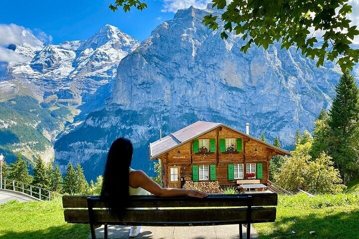 Stunning Mürren and in the background the famous Eiger, Mönch and Jungfrau mountains.