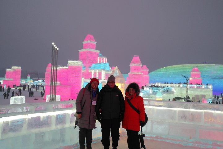 Harbin Ice and Snow World, our guide in park with guests