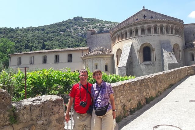 In front of the Gellone Abbey in Saint-Guilhem-le-Désert.