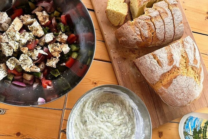 Greek salad, tzatziki and home made bread in the wood burning oven