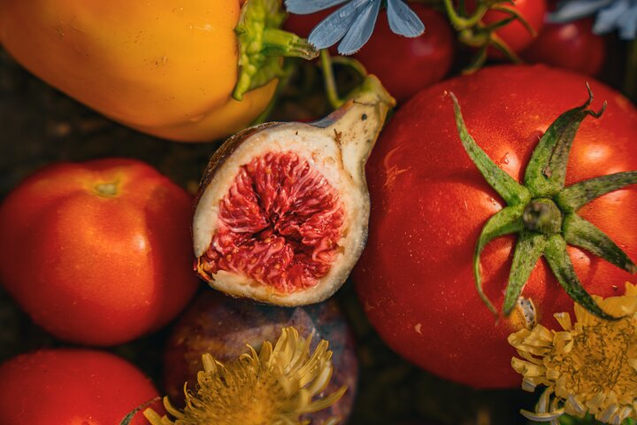 Fruits & vegetables from our farm (purple figs, tomatoes, peppers) 