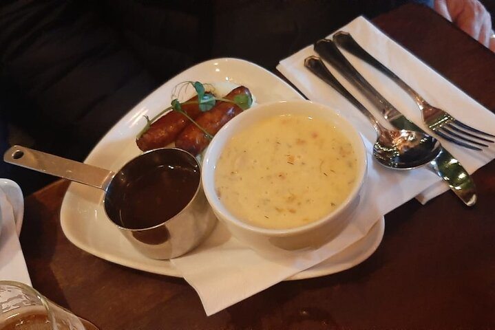 Seafood Chowder with Bangers and mash.