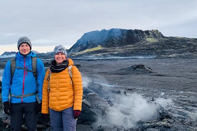 Nearby Fagradalsfjall Volcano and the smokey lava field around the crater-Safe distance.