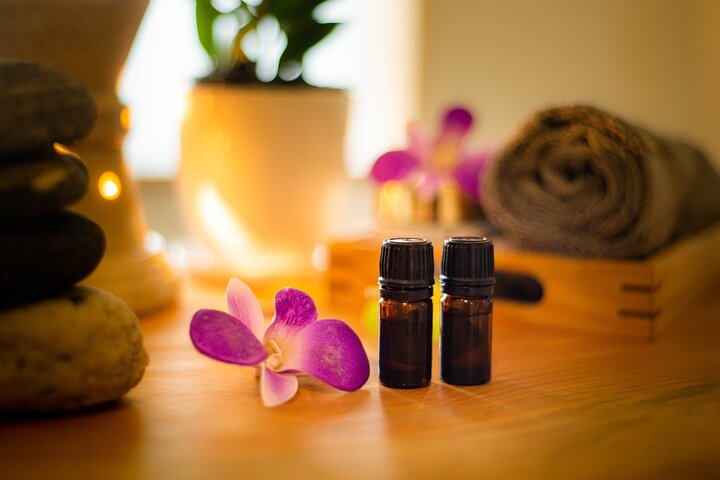 The massage oil is infused with herbs that aid in relaxation