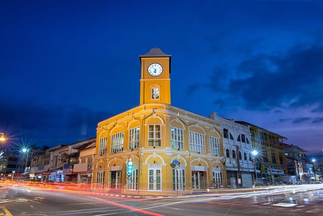 Landmark of phuket old town with old buildings in sino portuguese style, phuket, thailand